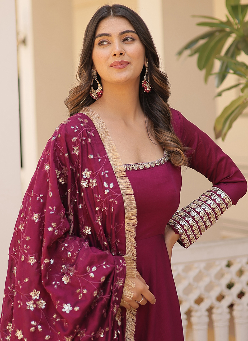 Rani Pink Designer Readymade Blooming Vichitra Pant Suit With Embroidery & Diamond Work